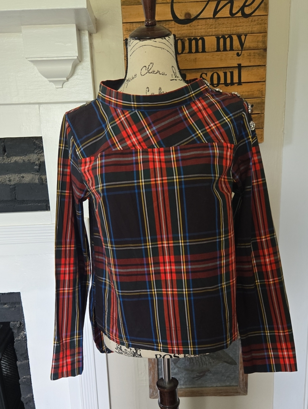 J. Crew Red & Black Plaid Long-Sleeve Top With Jeweled Buttons